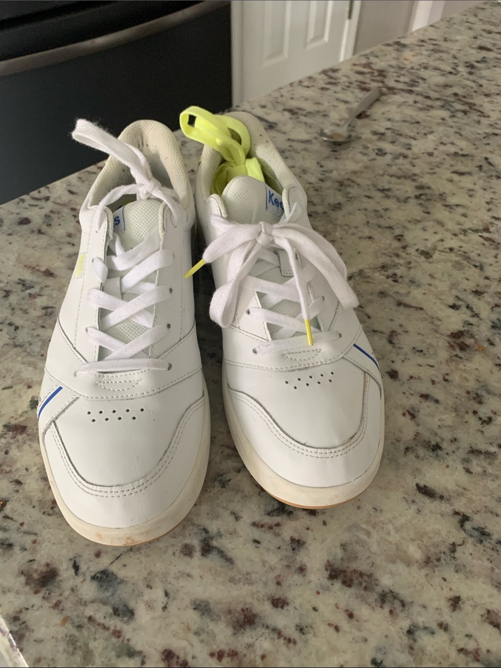 Keds White Sneakers with Neon Yellow and Blue Accents two sets of shoestrings